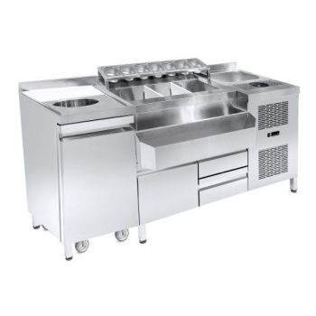 7083.0050 Gekoelde Cocktail Bar Station   Incl. Spoelbak, Glazenspoeler, Gn Bakken, Speedrail Voor Flessen, Snijplank En Afvalbak