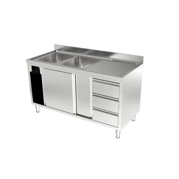 Spoeltafel met schuifdeuren en 3 laden 2 bak links 160cm