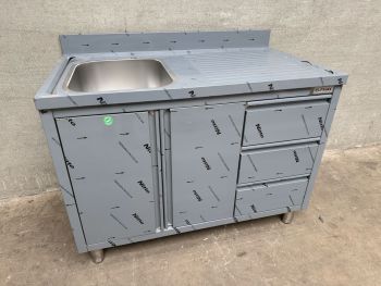 Spoeltafel met draaideuren en 3 laden 1 bak links 120cm
